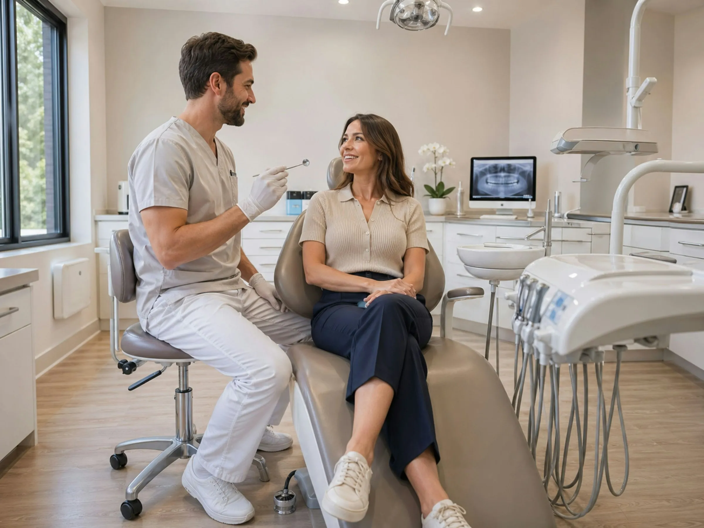 Pacientă relaxată în scaunul stomatologic, stând de vorbă cu medicul